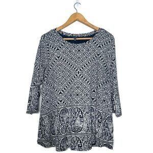 Lucky Brand Black And White Paisley Border Boho 3/4 Sleeve Top Women’s Size 1X